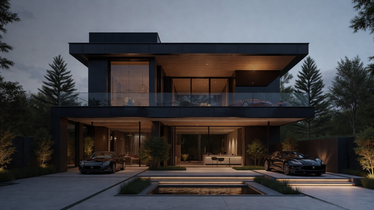 Modern luxury villa at twilight with reflecting pool and illuminated glass facade